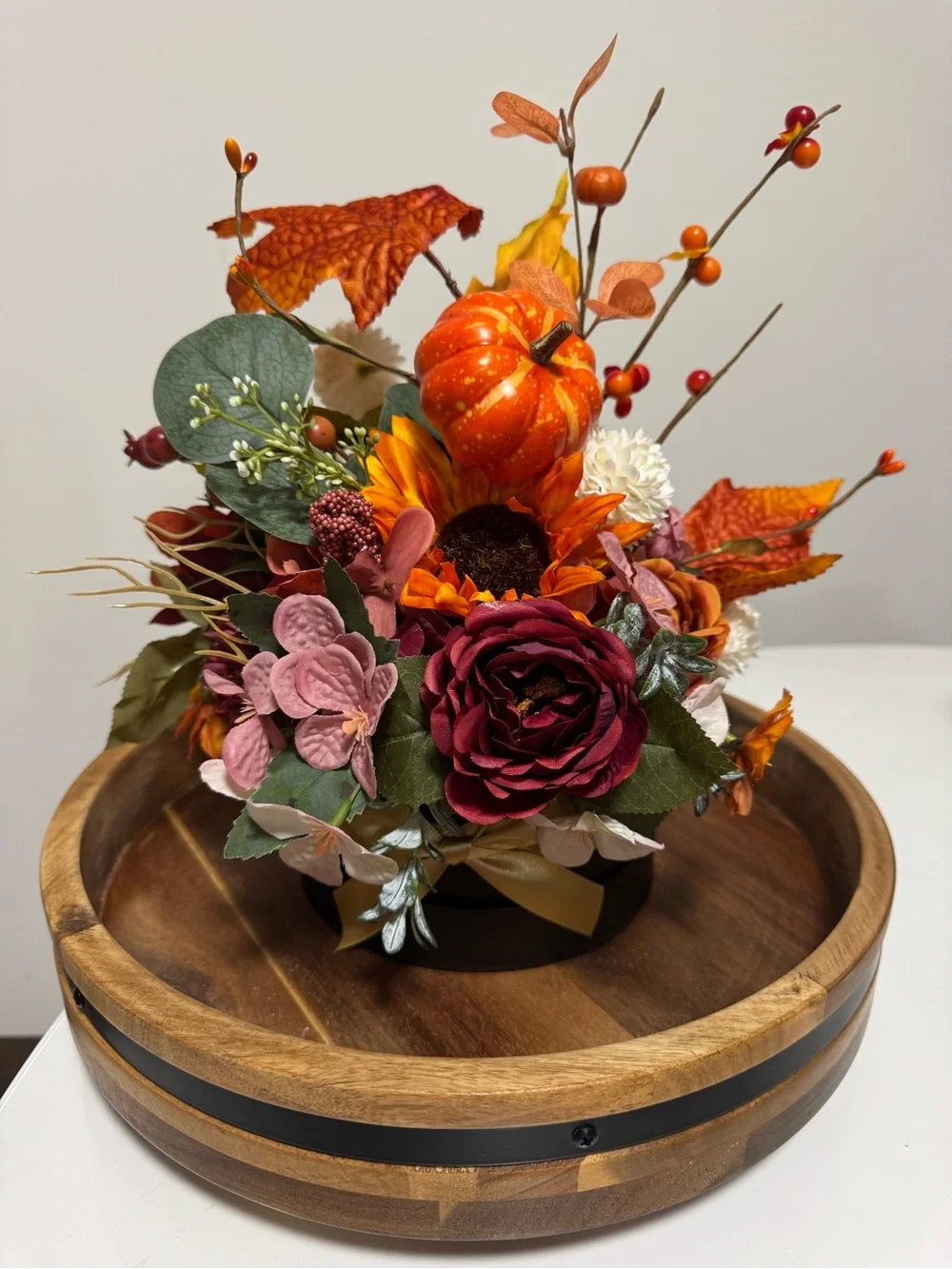 Handmade Fall Floral Arrangement with Pumpkin – Autumn Thanksgiving Centerpiece
